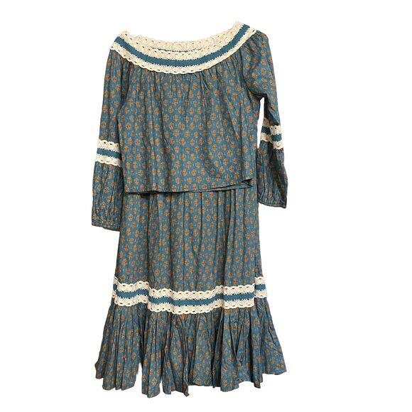 Luna Moon Maxi Skirt Set 2 Piece Teal Peasant Crocheted Ruffled Boho Sz S NEW - Picture 1 of 13